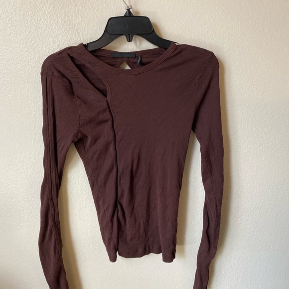 Helmut Lang Women’s Brown Ribbed Long Sleeve Cut Out Shirt Size L Stretch Top - Picture 1 of 3